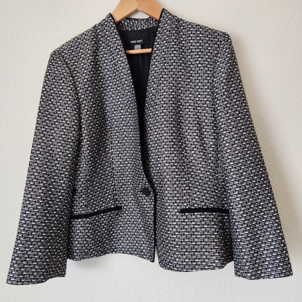 Nine West Black & White With Silver Threading Women's Blazer, Size 14